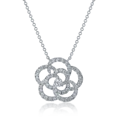 Lant cu pandantiv floare din aur alb cu diamante de 0.88ct