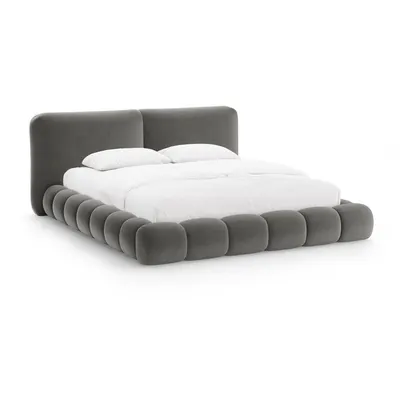 Pat matrimonial gri închis tapițat cu spațiu de depozitare cu somieră 200x200 cm Solange – Micadoni