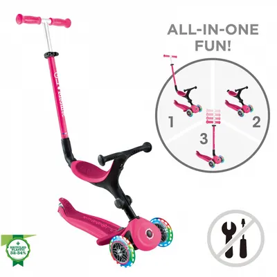 Trotineta 3 in 1 pentru copii Globber Go Up Active Roz, cu maner de impins, scaun si ghidon ajustabile, roti cu lumini LED