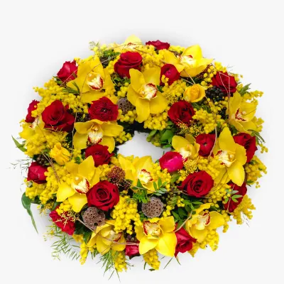 Coroana funerara cu trandafiri si cymbidium