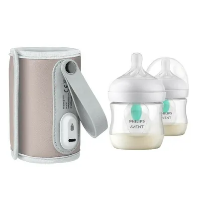 Set incalzitor biberoane, Lionelo, ThermUp Go, portabil, USB, Roz + 2x biberoane, Philips Avent, Cu supapa AirFree, 0 luni+, 125 ml, Alb