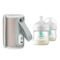 Set incalzitor biberoane, Lionelo, ThermUp Go, portabil, USB, Roz + 2x biberoane, Philips Avent, Cu supapa AirFree, 0 luni+, 125 ml, Alb
