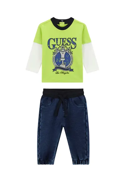 Set de bluza cu imprimeu logo si blugi - 2 piese - Alb/Verde lime/Albastru