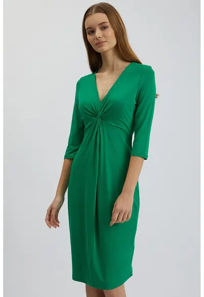 Rochie cu decolteu in V si maneci medii - Verde
