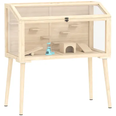 PawHut Cușcă pentru hamster habitat pentru rozătoare lemn FSC acoperiș rabatabil 7 platforme 2 leagăne 110x52x101cm efect lemn natural | Aosom Romania