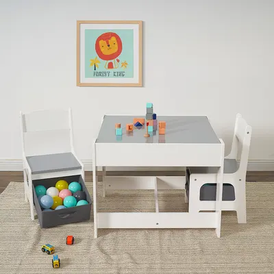 Set masuta cu 2 scaunele din lemn cu spatiu de depozitare si tabla Ginger Home AlbGri