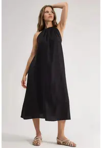 Rochie lunga dama - detalii drapate - negru - poliester/modal