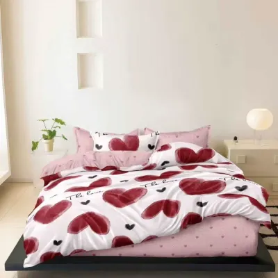 Lenjerie pat dublu cu ELASTIC, Finet, 6 piese, Roz, inimioare
