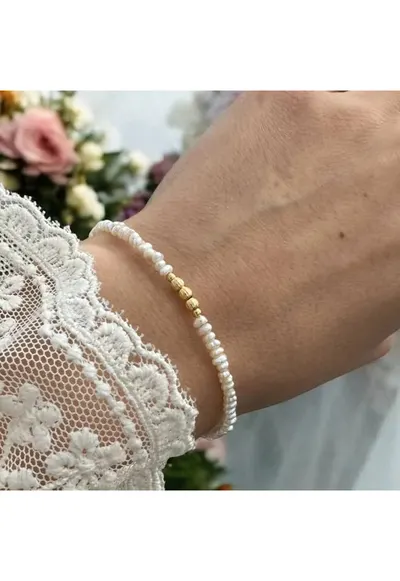 Bratara perle de cultura eleganta Hana cu accesorii din argint placat cu aur 925 - 16.5+3.5 cm