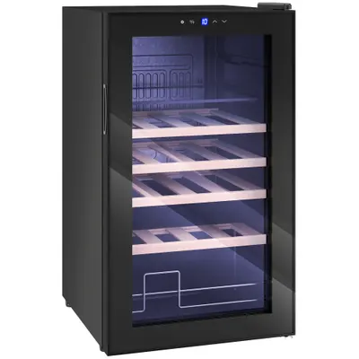 HOMCOM Vitrină Frigorifică pentru Vinuri de 63L cu Rafturi Reglabile pentru 16 Sticle și 25 Doze, Vitrină pentru Vinuri din Oțel, Lemn și Sticlă Temperată, 43x45x74 cm, Negru | Aosom Romania