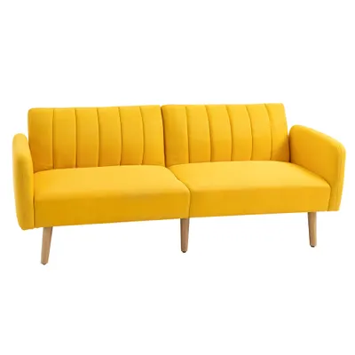HOMCOM Canapea extensibilă 2 locuri modernă 173x75x73 cm Canapea pliabilă tapițată cu material sintetic cu aspect de in, spătar reglabil în 3 trepte și cotiere detașabile pentru living/birou Galben | Aosom Romania