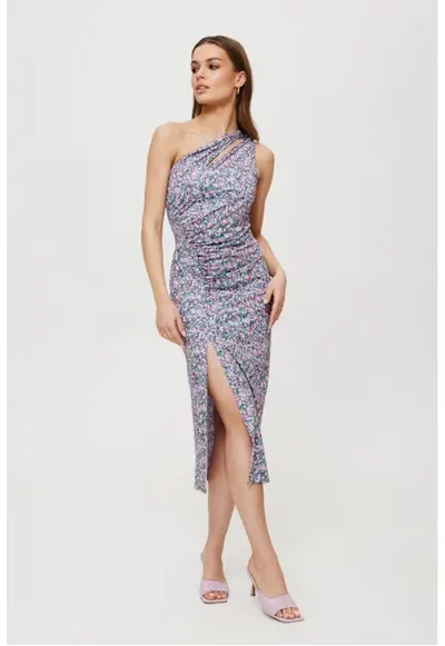 Rochie midi cu imprimeu si decolteu in forma de lacrima