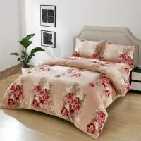 Lenjerie pat dublu, Super Pufoasa COCOLINO,cu ELASTIC, 4 piese, Bej, Flori