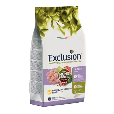 EXCLUSION Mediterraneo Monoprotein Formula Light Medium&Large, M-XL, Pui, hrană uscată monoproteică câini sterilizați, obezitate, 12kg