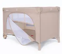 Patut pliabil pentru copii Nichiduta Beige, cu doua nivele, multifunctional 2 in 1, cadru din otel, material poliester 210D, roti cu franare, dimensiune 125 x 65 x 77 cm, geanta de transport inclusa