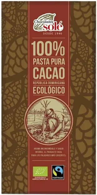 Masă de cacao organică, 100% cacao, 90 g, Chocolates Solé