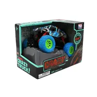 Camion Monster Truck, Crazy Albastru, Roti Verde Neon, Mecanism Pull-Back, 15 cm, Design Grafic Urban