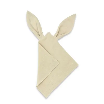 Jucarie textila senzoriala, Qmini, Cu urechi fosnitoare, 30 x 30 cm, Din muselina dubla, Warm Beige