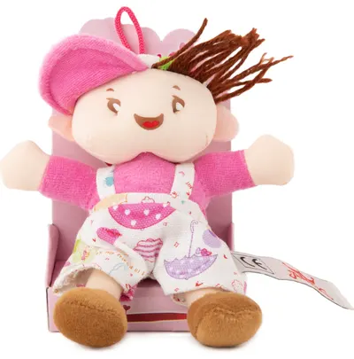 Păpușă moale Amec Toys - Fetiță cu căciuliță roz, 14 cm