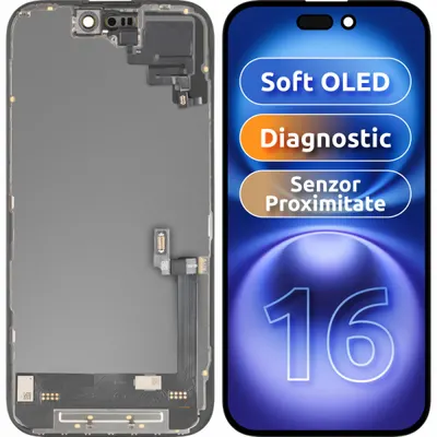 Display cu Touchscreen si Senzor Proximitate MP compatibil cu Apple iPhone 16, cu Rama, Versiune Soft OLED FHD Diagnostic, Negru