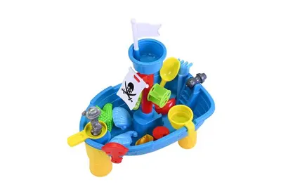 Masuta pliabila Vapor de joaca cu nisip si apa pentru copii, Knorr Toys, include lopatica, multiple forme pentru nisip, 2 cadite pentru apa, 51x31,5x5