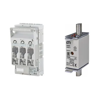Pachet Protectie Circuit Trifazat: Soclu Siguranta Fuzibila NH00 3P (M8/M8), Siguranta Fuzibila NH000 gG 10A 500V