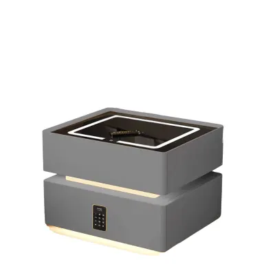 Noptiera inteligenta cu incarcare wireless, iluminare LED, 2 sertare de depozitare, senzor de lumina nocturna si incuietoare codificata – gri antracit, design modern din sticla si lemn