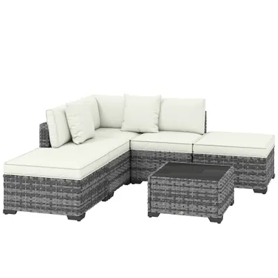 Outsunny Set Mobilier de Grădină din Ratan, 6 Piese, Fotoliu Colțar, Canapele fără Brațe, Suporturi pentru Picioare și Măsuță, Gri Amestecat | Aosom Romania