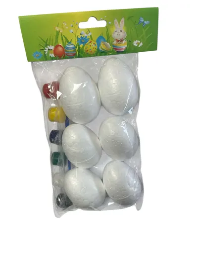 Kit pentru pictura cu oua din polistiren, acuarele si pensula, Cod 276, dimensiuni: diametru 4,6 cm, lungime 7 cm