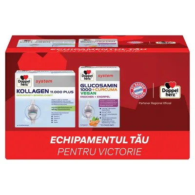 Doppelherz System kollagen 11.000 Plus + Doppelherz System glucozamina 1000 + curcuma vegan, Queisser Pharma | 30 flacoane + 60 capsule