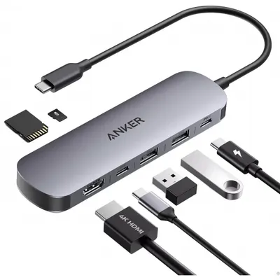 Hub USB-C Anker, 2 x USB-A 3.0 - 2 x USB-C - 1 x HDMI - 1 x SD - 1 x microSD, Gri A83D2HA1