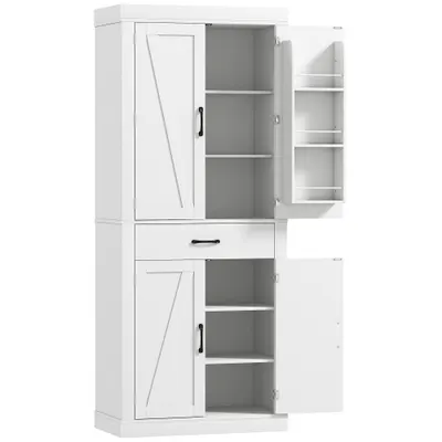 HOMCOM Dulap de bucătărie în stil country cu 2 dulapuri, 6 rafturi și un sertar, din lemn, 76x39,5x183,5 cm, alb | Aosom Romania