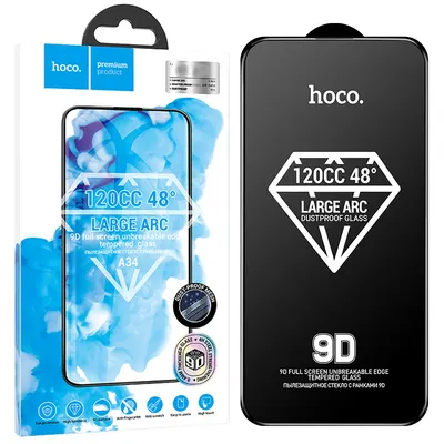 Folie Protectie full 9D, HOCO A34 Large Arc, Compatibil cu iPhone 15 Pro Max, Sticla securizata, Transparent, Margini negre Engros