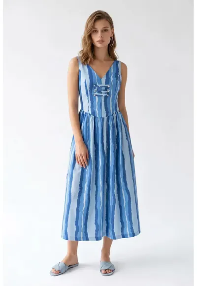 Rochie Midi A-line cu dungi - detaliu cu snur - multicolor - poliester-elastan