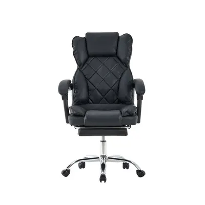 Scaun negru de birou, suport picioare, spatar rabatabil, pivotant la 360 grade, cotiere buretate, piele ecologica