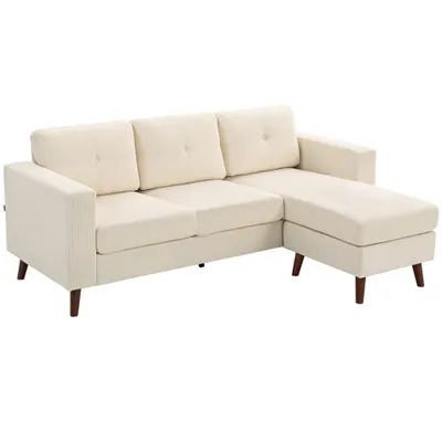 HOMCOM Canapea colțar 192 cm în formă de L, canapea 3 locuri cu chaise-longue reversibilă, aspect cord, pentru spații mici, alb crem | Aosom Romania