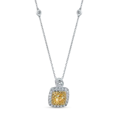 Lant cu pandantiv patrat din aur alb-galben cu diamante galbene galbene cushion si rotunde si diamante incolore de 1.3ct