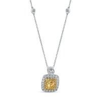 Lant cu pandantiv patrat din aur alb-galben cu diamante galbene galbene cushion si rotunde si diamante incolore de 1.3ct