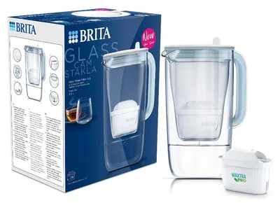Cană de filtrare apă BRITA - Glass LED One, 2.5 l, sticlă, albastru deschis