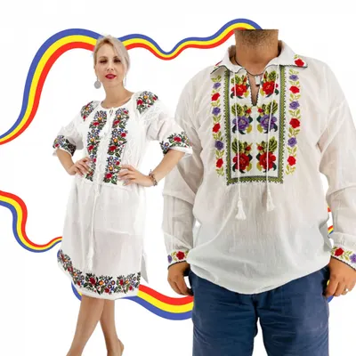Set Cuplu Traditional 383 Camasa Traditionala si Rochie Traditionala