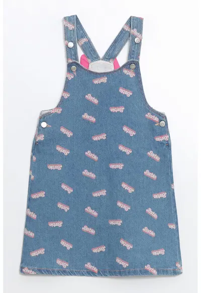 Salopeta din denim cu imprimeu Barbie - Albastru prafuit/Roz deschis
