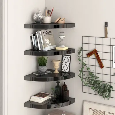 Gossi rafturi colt perete 4 buc, negru extralucios, 35x35x3,8 cm, mdf