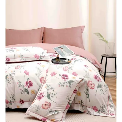Lenjerie pat dublu, FINET DeLuxe, 6 piese, cu ELASTIC, Jojo Home, Cutie Eleganta, Alb, Roz, Flori