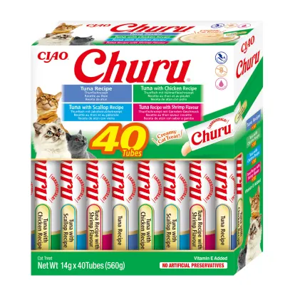 INABA Churu Creamy Varieties, Ton și Fructe de Mare, cutie recompense fără cereale pisici, (piure), 560g