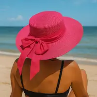 Pălărie de plajă damă Tiara, roz intens cu fundă mare, boruri foarte largi, elegantă și ușoară, protecție solară, diametru 44 cm