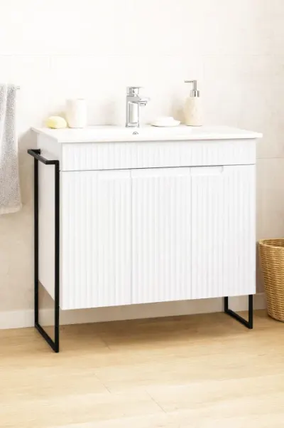 Set Baza front MDF si Lavoar seria 033, cadru metalic, montata, 80 cm, alb rustic