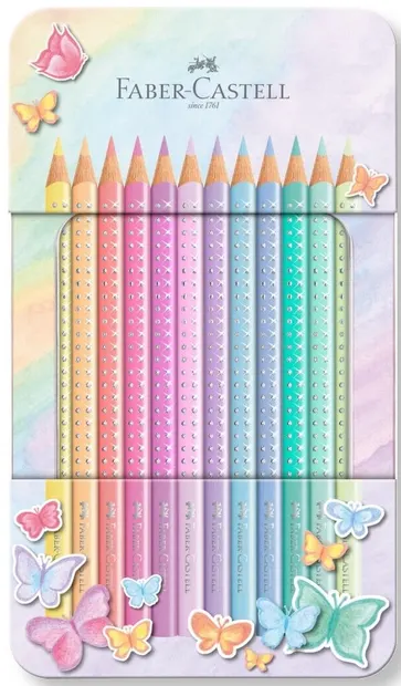 Creioane culoare Faber-Castell Sparkle - 12 culori pastelate, carcasa metalica