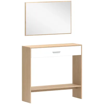 HOMCOM Consolă + oglindă, consolă îngustă cu sertar și etajeră, stil modern, 91,5 x 27,9 x 85,5 cm, stejar | Aosom Romania