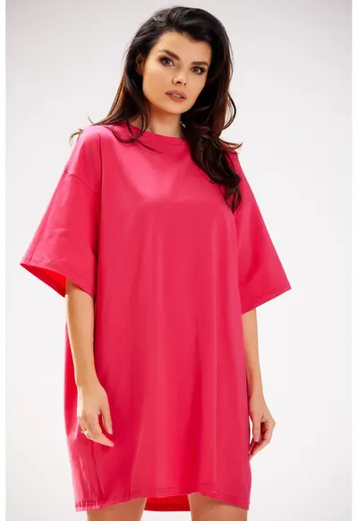 Rochie oversize cu maneca scurta din bumbac - - Fucsia