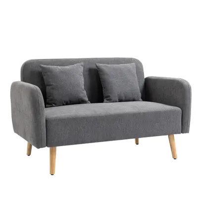 HOMCOM Canapea 2 locuri cu 2 perne decorative, loveseat mic cu aspect de catifea, canapea tapițată modernă pentru living, dormitor, spații mici, gri 130 x 70 x 80 cm | Aosom Romania